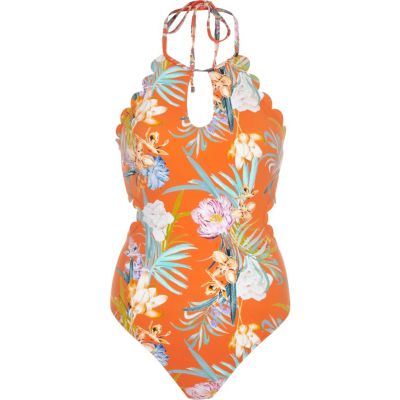 Orange floral scallop halter neck swimsuit